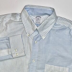 Brooks Brothers Regent Fit Shirt Mens Medium Oxford Blue White Patchwork Striped